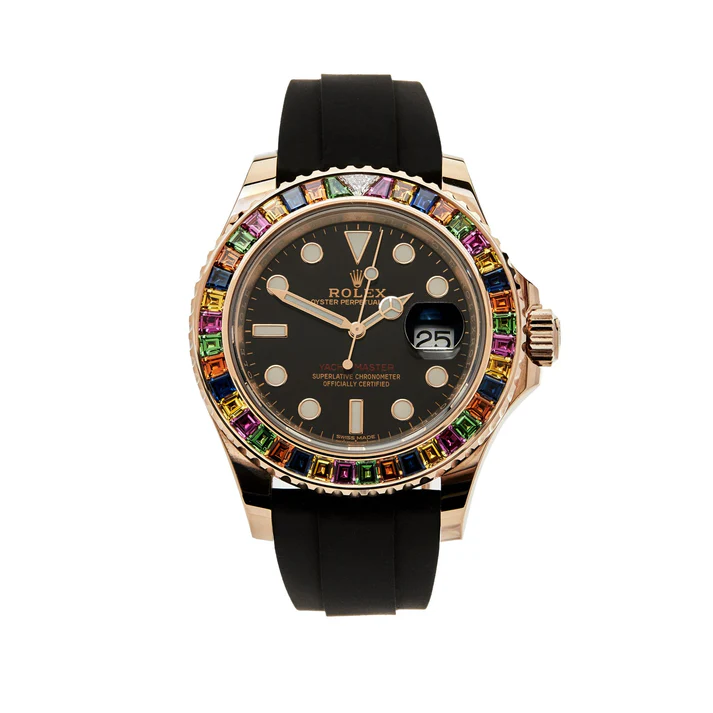 Yacht-Master 116695SATS Rose Gold Black Dial Rainbow Bezel